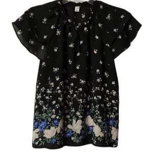 Old Navy Womens Blouse Short Ruffle Sleeves Size Large Black Floral